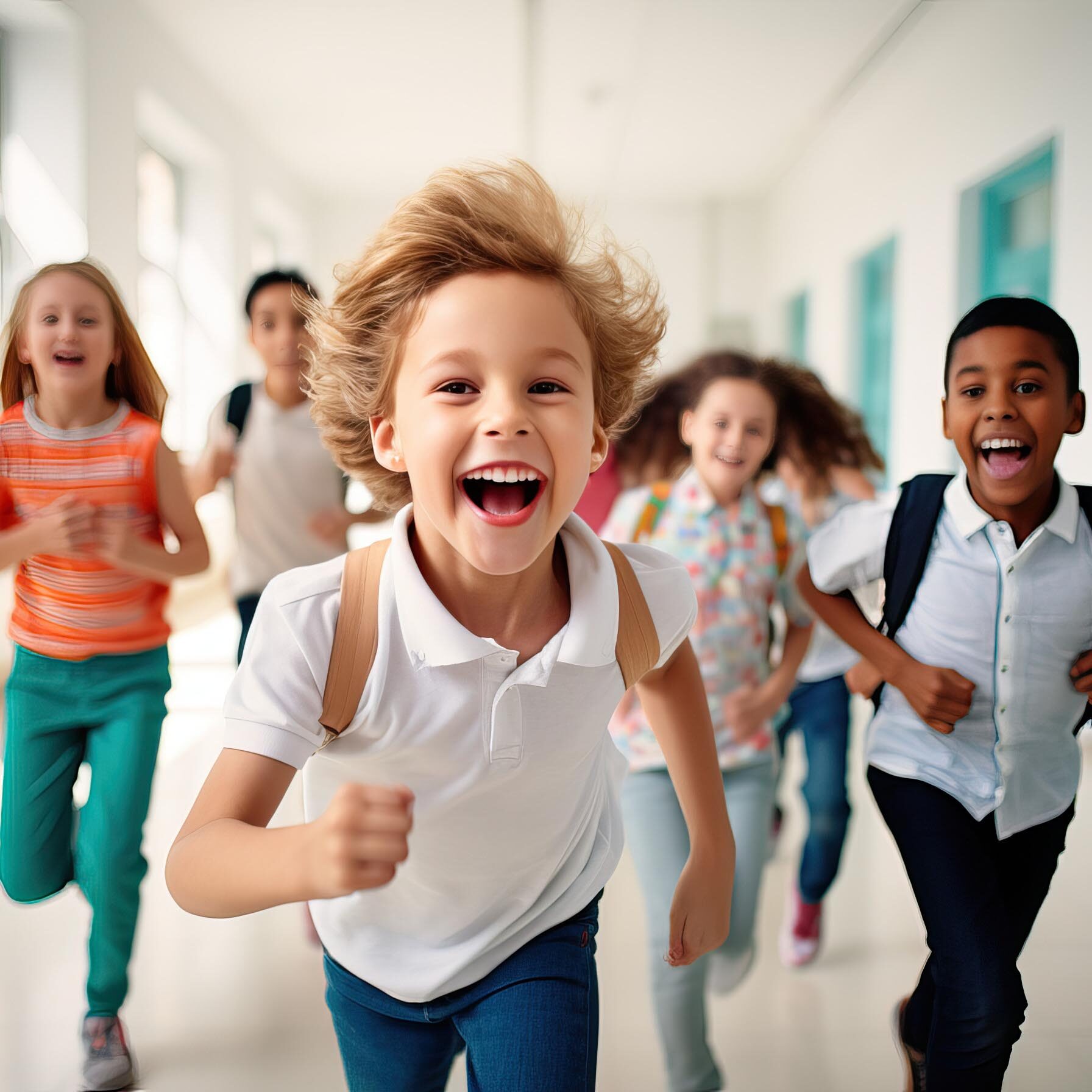 A joyful group of children running in a hallway, with one boy beaming after receiving dental fillings.